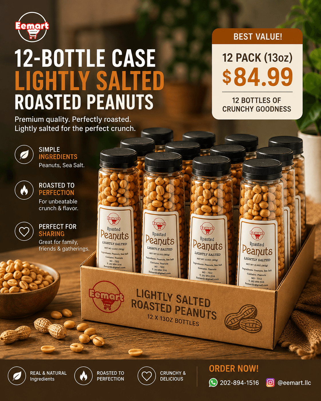 EEMART case containing twelve 13 oz roasted peanut bottles, lightly salted